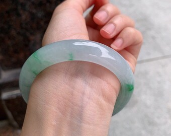 Jade bangle 57 / Clear White with Green Apple / natural type-A  jadeite / jade bracelet / with certificate
