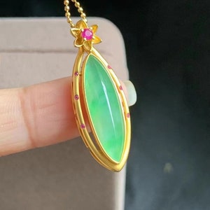 Jade pendant natural navette charm green jadeite marquise pendant eye charm 18k yellow gold natural rubies certified