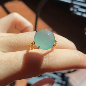 Jade Cabochon Ring - Natural Light Bluish Green Jadeite Ring - 18K Yellow Gold Chain Ring
