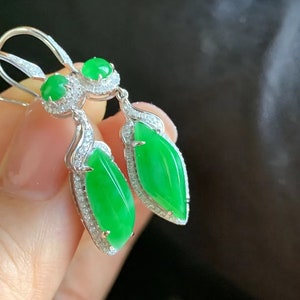 Jade Earrings | Jade Dangle Earrings | Green Apple Jadeite | Diamond Earrings | 18k White Gold Earrings | Dangle Earrings | Certified
