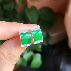 Green jade earrings natural jadeite studs rectangular earrings 18k white gold natural diamonds type a jade certified