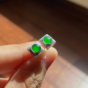 Imperial Green Jade Earrings - Natural Jadeite Earrings - Grade A - 18K White Gold with Natural Diamonds
