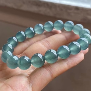 Pulseira de jadeíta azul-claro | Pulseira de contas de jade | Jadeíta verde | Jade natural grau A | Contas de 10,5 mm | Jade azul | Certificado | 翡翠手镯