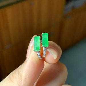 Icy green jade earrings half cylinder cut jade earrings natural type a jadeite 18k solid white gold natural diamonds certified