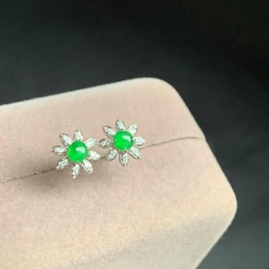 Icy Jade Green Earrings - Natural Jadeite Floral Studs - Diamond Earrings - 18K Gold Studs