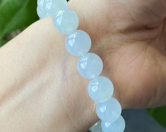 Natural Icy White Jadeite Bracelet – Type A Jade Beads, Handmade