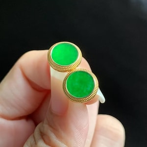 Beautiful Rare Green Jade Studs | Apple Green Jade | Imperial Green Jadeite Earrings | 18K Yellow Gold