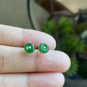 Imperial Green Jade Studs - Natural Jadeite Earrings - Grade A Jade Studs - Type A Jadeite set in 18K Solid White Gold
