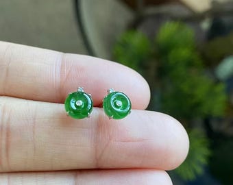 Imperial Green Jade Studs - Natural Jadeite Earrings - Grade A Jade Studs - Type A Jadeite set in 18K Solid White Gold