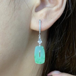 Icy Green Jadeite Earrings - Natural Type A Jade Drop Earrings - 18K Gold and Natural Diamonds