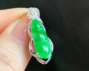 Pingente de ervilha em jade verde | Ouro branco 18K, diamantes naturais