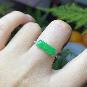 Apple Green Jade Ring | Natural Rare Vivid Green Jadeite Ring | Type A Jade Statement Ring | 18K White Gold | Diamond