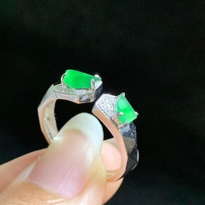 Icy Green Jade Statement Ring - Translucent Jadeite Ring - 18K White Gold Natural Diamonds Setting