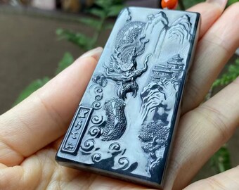 Hand Carved Black Jade Dragon Pendant – Certified Type A Jadeite