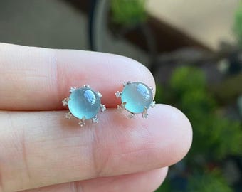 Light Blue Jade Studs - Natural Jade Earrings - Jade set in 18K Solid White Gold with Natural Diamonds - Certified Jade
