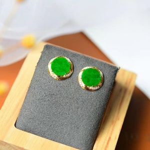 Jade Round Earrings Imperial Green Apple Green Jadeite Studs Natural Type A Jade 18K Yellow Gold Natural Diamonds Certified
