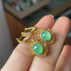 Icy Green Jade Cabochon Earrings | Green Jadeite Drop Earrings | Natural Type A Jade Earrings | Ornate Jewelry | Vintage Style Jade Earrings