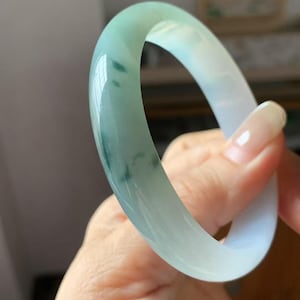 55.5mm Green Jade Bangle | Moss in Snow Jadeite Bangle | Jade Bracelet | White Jade Bangle | Natural Type A Jade | Grade A Jadeite