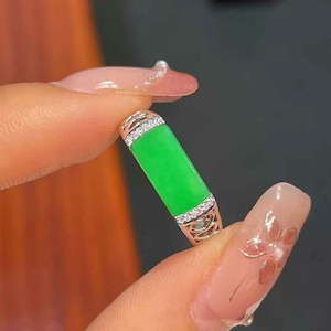 Vibrant Icy Green Rectangular Cut Jade Ring - Natural Jadeite Statement Ring - Cabochon Cut Jade - Type A Jadeite - 18K White Gold Diamonds