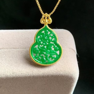 Carved Jadeite Pendant Necklace | 18K Solid Gold Setting | Intricate Lotus Design | Natural Type A Green Jade Jewelry | Floral Jade Pendant