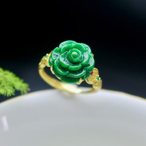 Jade floral ring natural green jadeite 18k yellow gold with certificate