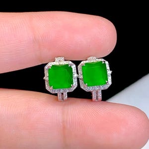 Type A Jadeite Earrings - Vibrant Green Gemstones in Solid 18K White Gold with Natural Diamond Accents - Luxury Statement Jewelry