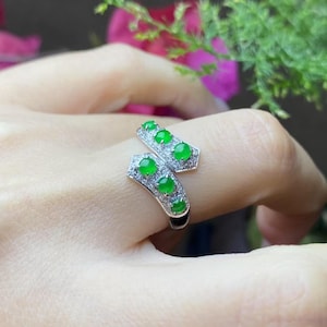 Natural Jadeite Ring in 18K Solid Gold | Adjustable Open Ring with Vivid Green Jade Cabochons | Elegant Jade Jewelry Gift for Her