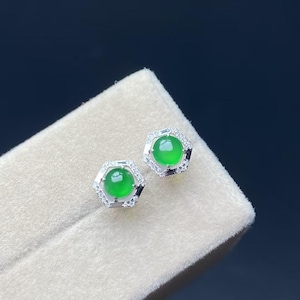 Imperial Green Jade Earrings - Natural Imperial Jade Studs - Type A Jade - Grade A Jadeite - 18K White Gold and Natural Diamonds - Certified