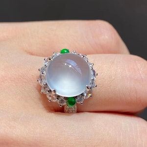 Icy Jadeite Ring, 18K White Gold, Diamonds - Size 7.5