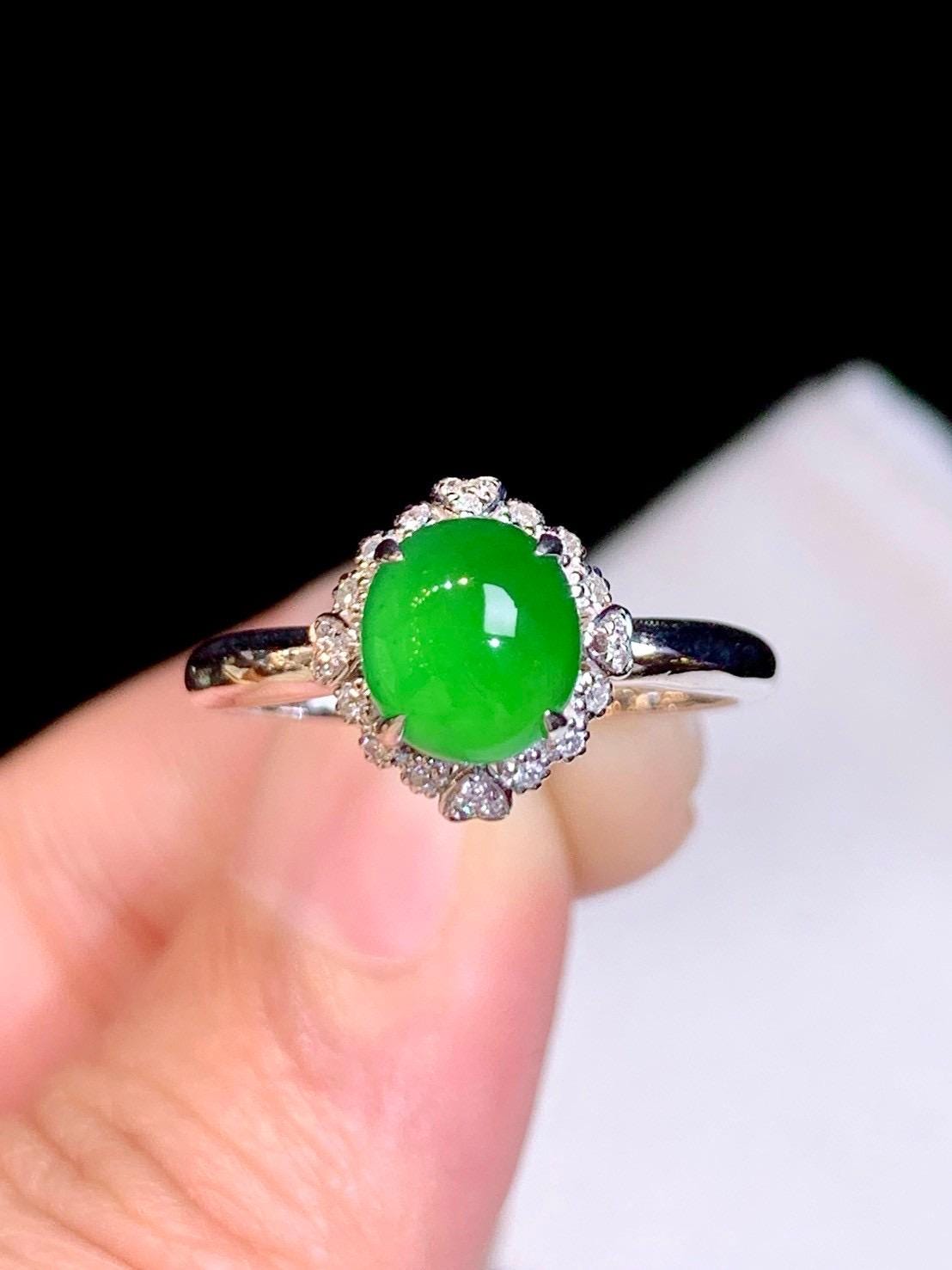 Imperial Icy Green Jadeite Cabochon Ring - Natural Vibrant Green Jade Ring - Diamond Statement Ring - 18K White Gold with Natural Diamonds