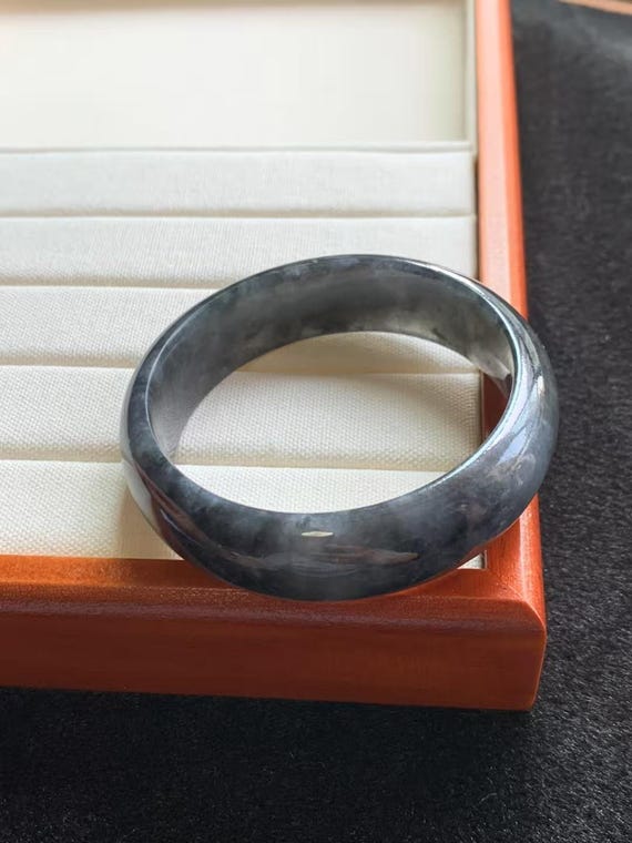 57 mm 黒翡翠バングル | 白翡翠ブレスレット | 天然タイプA翡翠リング 