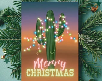 Cactus navideño de Arizona con luces brillantes / Tarjeta plegada de 5 x 7 pulgadas