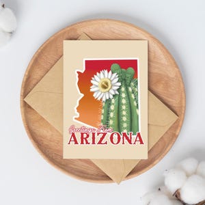 Saudações do Arizona Cartão de Saudações Dobrado | Em Branco por Dentro | Mapa do Estado do Arizona e Design de Flor de Cacto Saguaro