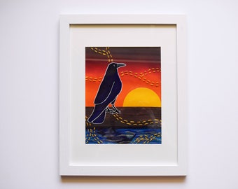 Raven Bird Sunset Mixed Media Framed Collage | Lakeside Water Reflection | Unique Wall Art | Contemporary Fine Art | Embroidered Paper