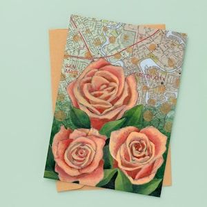 Geschilderde roze rozen op vintage kaart | Wenskaart voor alle gelegenheden – Unieke kaart met kunstprint | Wenskaart bloemen en kaart | 5 x 7 inch (A7)