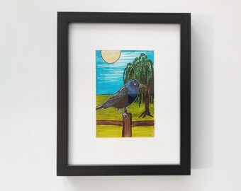 Farm Field Crow on Perch Mixed Media Framed Art