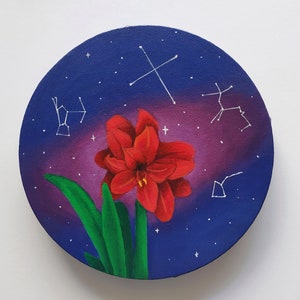 Amaryllis Under a Southern Sky Red Flower Constellation Round Acrylic Painting