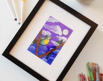 Northern Purula Bird at Dusk Purple Sky Mixed Media Framed Art