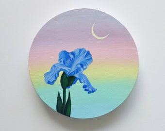 Iris Under A Rainbow Sky Acrylic Round Painting | 8x8 inches Circle Canvas | Surreal Floral Art | Small Wall Art | Pastel Rainbow Moon