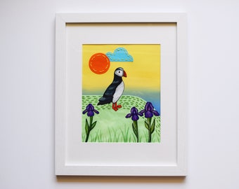 Puffin Bird on Grassy Cliff Mixed Media Framed Collage Artwork | Outlook Hopeful | Dreamscape Contemporary Art | Embroidered Paper