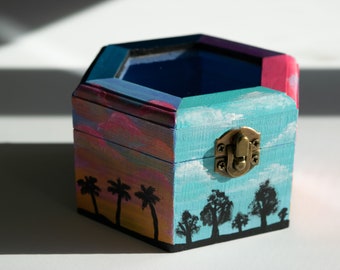 Sunset Sunrise Skies Hand Painted Hexagon Wood Jewelry Box | Trinket Box Storage | Home Decor | Landscape Painted Scene | Unique Gift