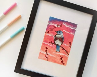 Eastern Blue Bird Under Cotton Candy Sky Mixed Media Framed Art