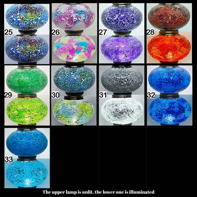May include: A set of 10 mosaic glass lamps with a top and bottom bulb. The top bulb is unlit, and the bottom bulb is lit. The lamps are numbered 25 through 33.
