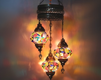 3 Globe Turkish Mosaic Chandelier: Moroccan Hanging Lamp, 160" Chain