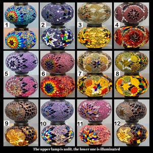 May include: Twelve different mosaic glass lamps, each with two tiers. The top tier is unlit, while the bottom tier is illuminated. The lamps are arranged in four rows of three, with each row featuring a different color scheme.