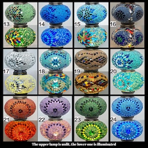 May include: A set of 12 double-tiered mosaic lamps with different colored glass and patterns. The top lamp is unlit, and the bottom lamp is illuminated.