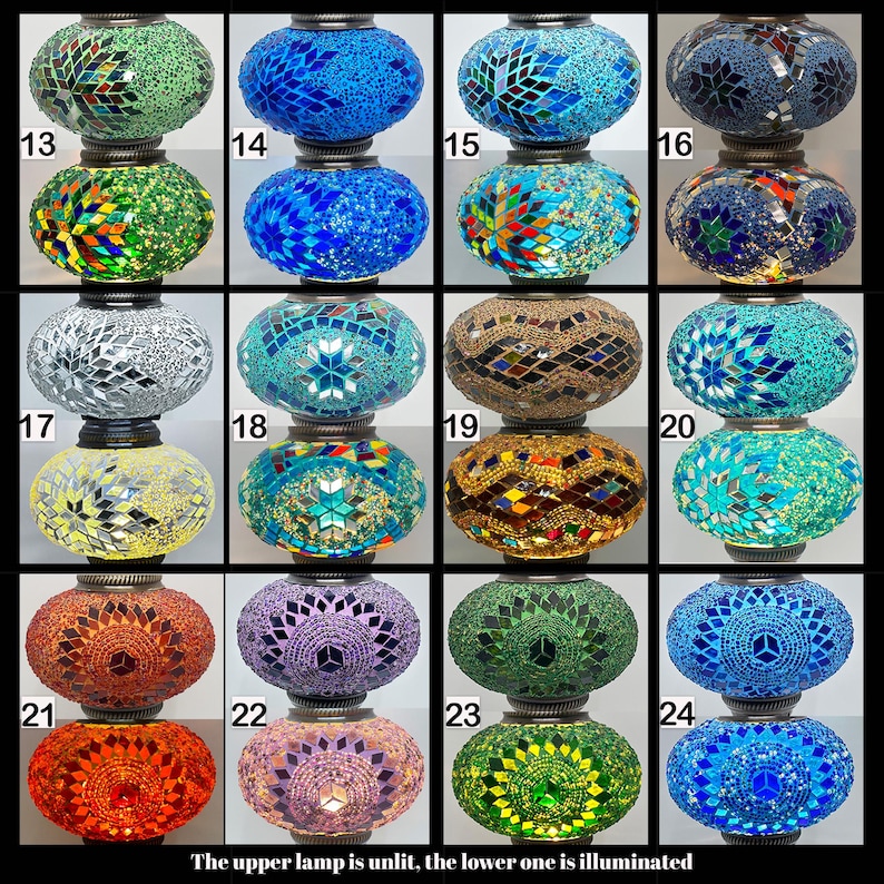 May include: A set of 12 double-tiered mosaic lamps with different colored glass and patterns. The top lamp is unlit, and the bottom lamp is illuminated.
