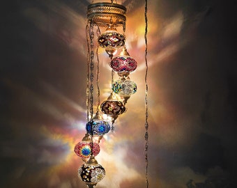 7 Globe Turkish Mosaic Chandelier: Bohemian Hanging Lamp, Bronze Metal Pendant Lamp