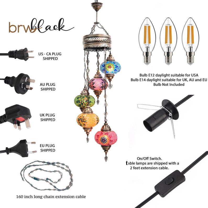 May include: A multi-tiered chandelier with five colorful glass globes. The chandelier has a gold finish and is suspended from a chain. The image also shows different plug types and a 160-inch long chain extension cable.