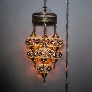 Turkish Lamp, Turkish Pendant Lamp, Turkish Ceiling Lighting, 7 Globe Mosaic Hanging Lamp,  Turkish Lighting, 160 inch Extra Chain